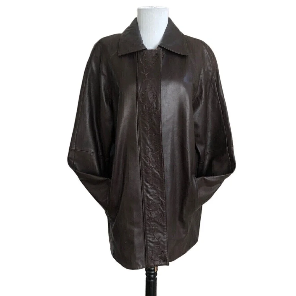 Vintage LNR Brown Leather Jacket Small Embroidered Grunge Classic 80s 90s Soft